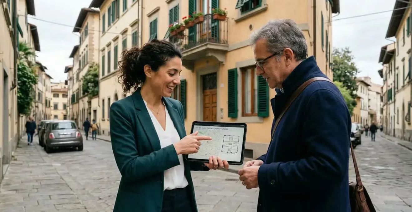 Consulente immobiliare italiana mostra valutazione su tablet davanti a edificio residenziale