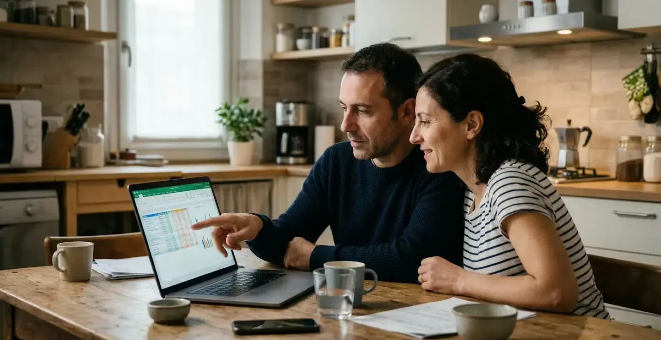 Coppia italiana confronta stime immobiliari online su laptop in cucina moderna