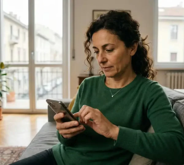 Proprietaria italiana consulta strumento stima immobiliare online su smartphone in soggiorno luminoso
