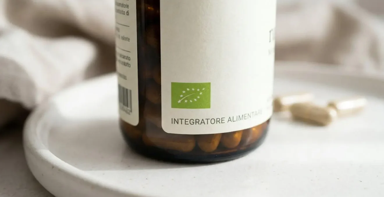 Confezione moderna di integratore alimentare con logo certificazione biologica europea verde in primo piano su superficie bianca pulita