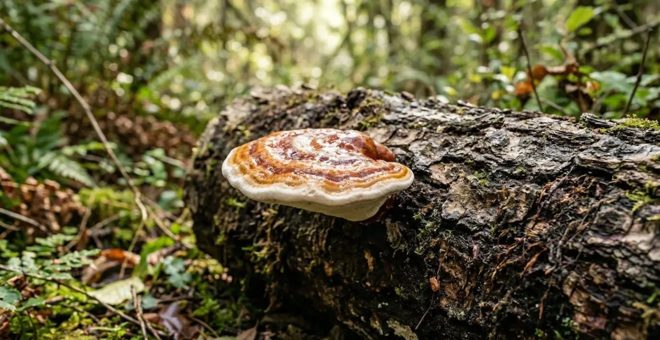 Fungo medicinale fresco con cappello marrone scuro e gambo beige che cresce su corteccia di legno in ambiente naturale luminoso