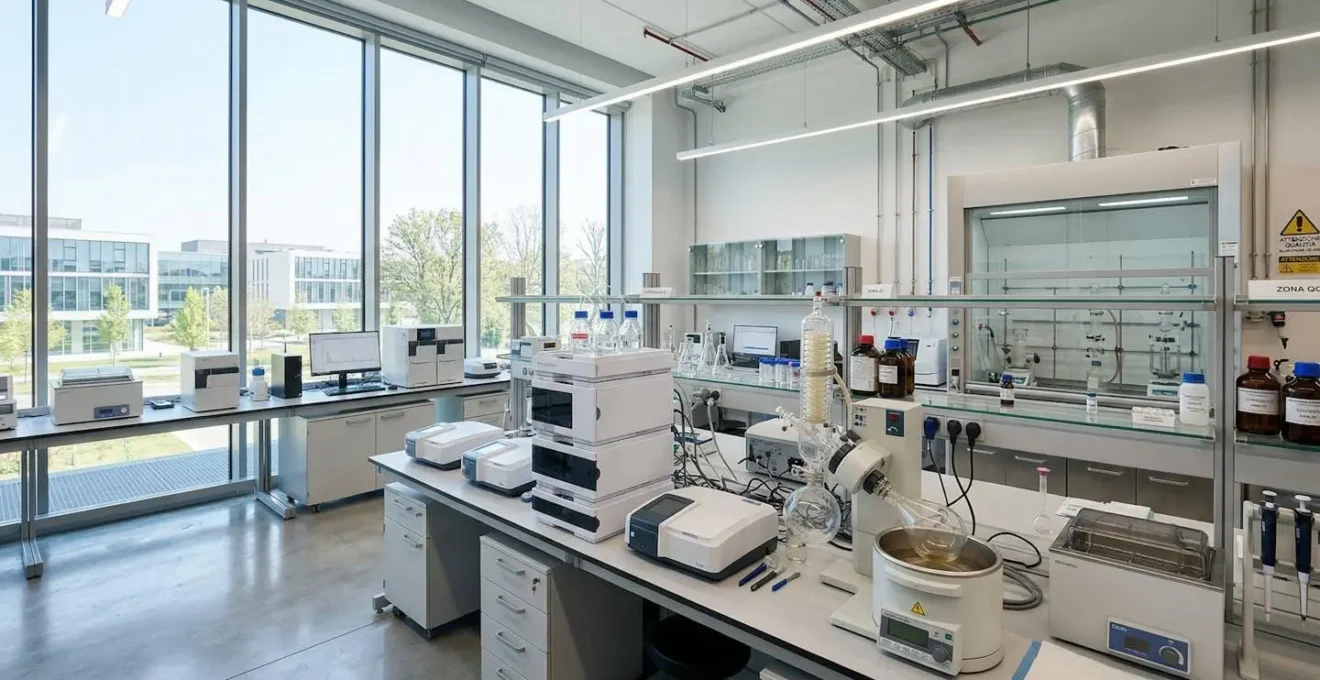 Ambiente di laboratorio contemporaneo pulito con attrezzatura scientifica moderna per estrazione, luce naturale abbondante da ampie finestre, nessuna persona visibile