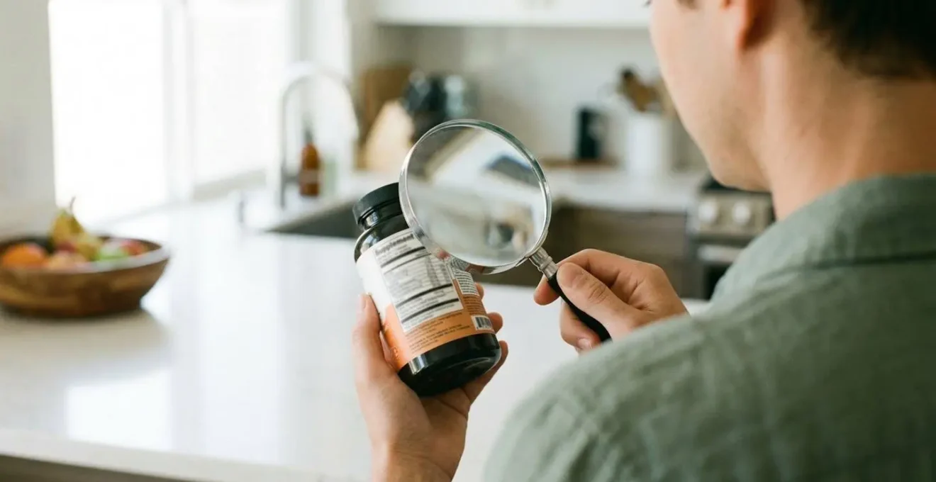 Primo piano di mano che tiene lente di ingrandimento su etichetta nutrizionale di integratore, sfocatura naturale dello sfondo