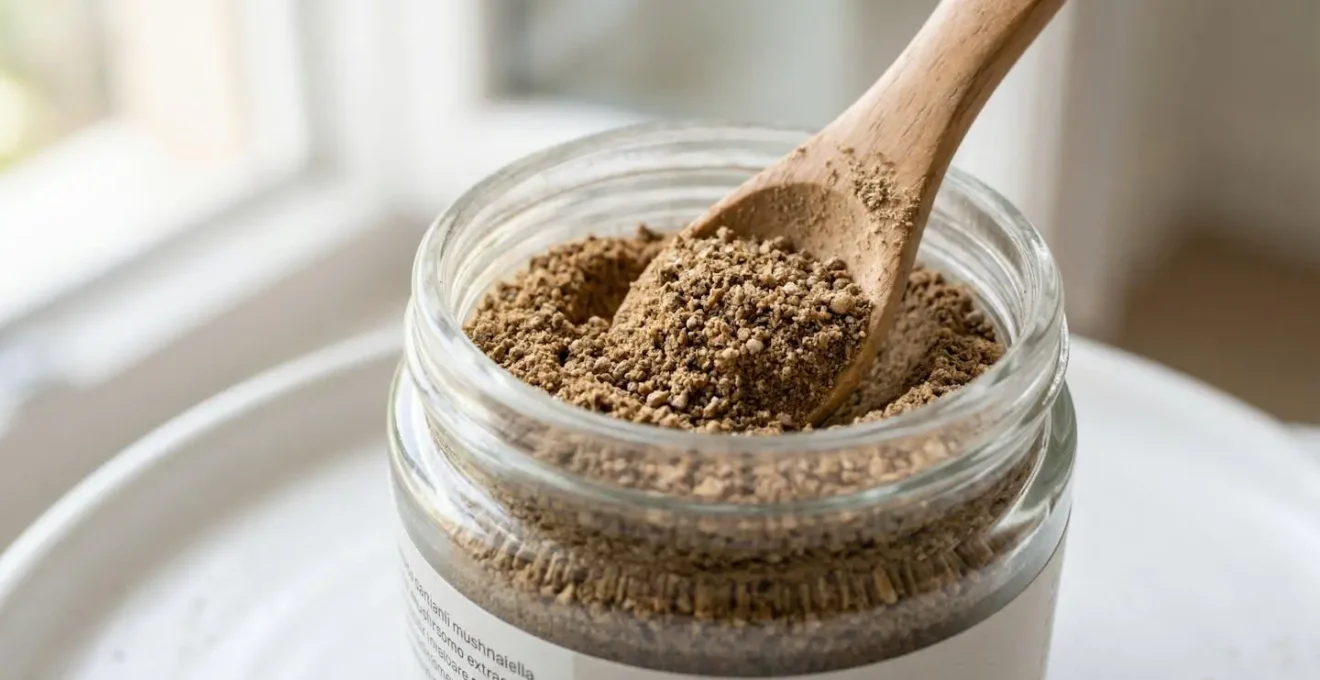 Polvere fine di estratto di funghi funzionali color beige in barattolo di vetro trasparente con cucchiaio di legno su superficie bianca moderna