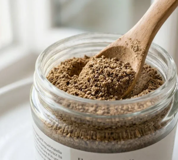Polvere fine di estratto di funghi funzionali color beige in barattolo di vetro trasparente con cucchiaio di legno su superficie bianca moderna