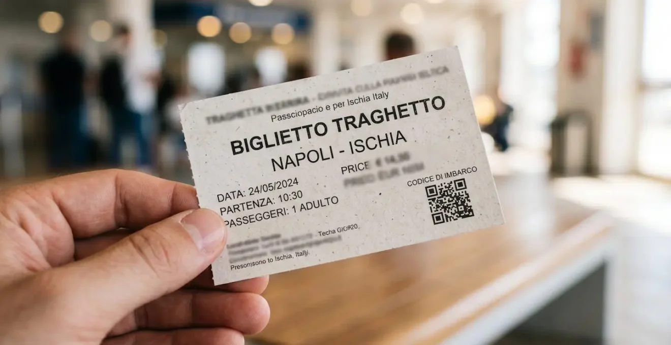 Primo piano macro di una mano che tiene un biglietto di traghetto con dettagli di prezzo parzialmente sfocati per privacy, sfondo moderno sfocato
