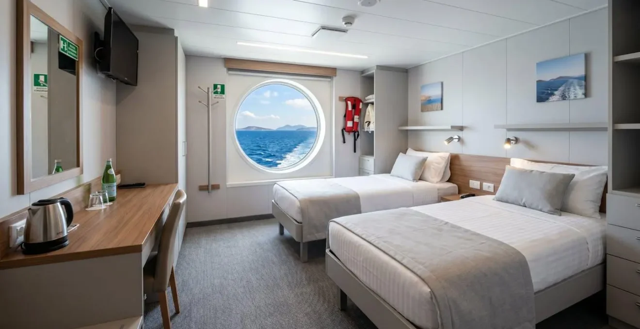 Interno luminoso di una cabina di traghetto moderna vuota con letti ordinati e oblò che mostra vista mare, ambiente contemporaneo pulito e spazioso