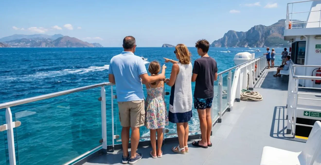Una famiglia italiana con due bambini seduta sul ponte esterno di un traghetto moderno, vista di spalle mentre guarda il mare Mediterraneo durante una traversata verso la Corsica