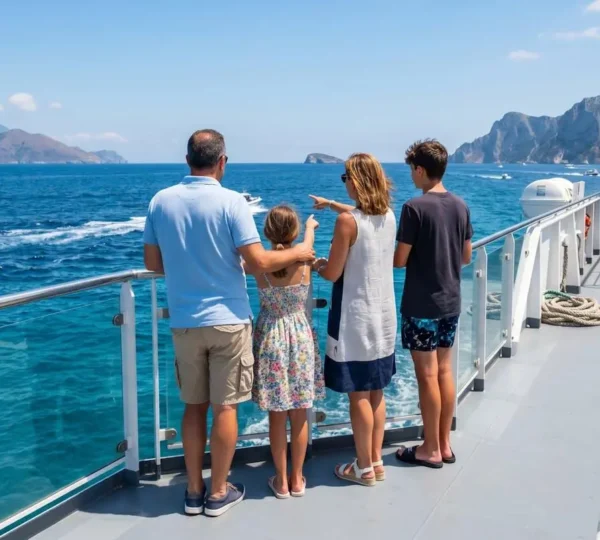 Una famiglia italiana con due bambini seduta sul ponte esterno di un traghetto moderno, vista di spalle mentre guarda il mare Mediterraneo durante una traversata verso la Corsica